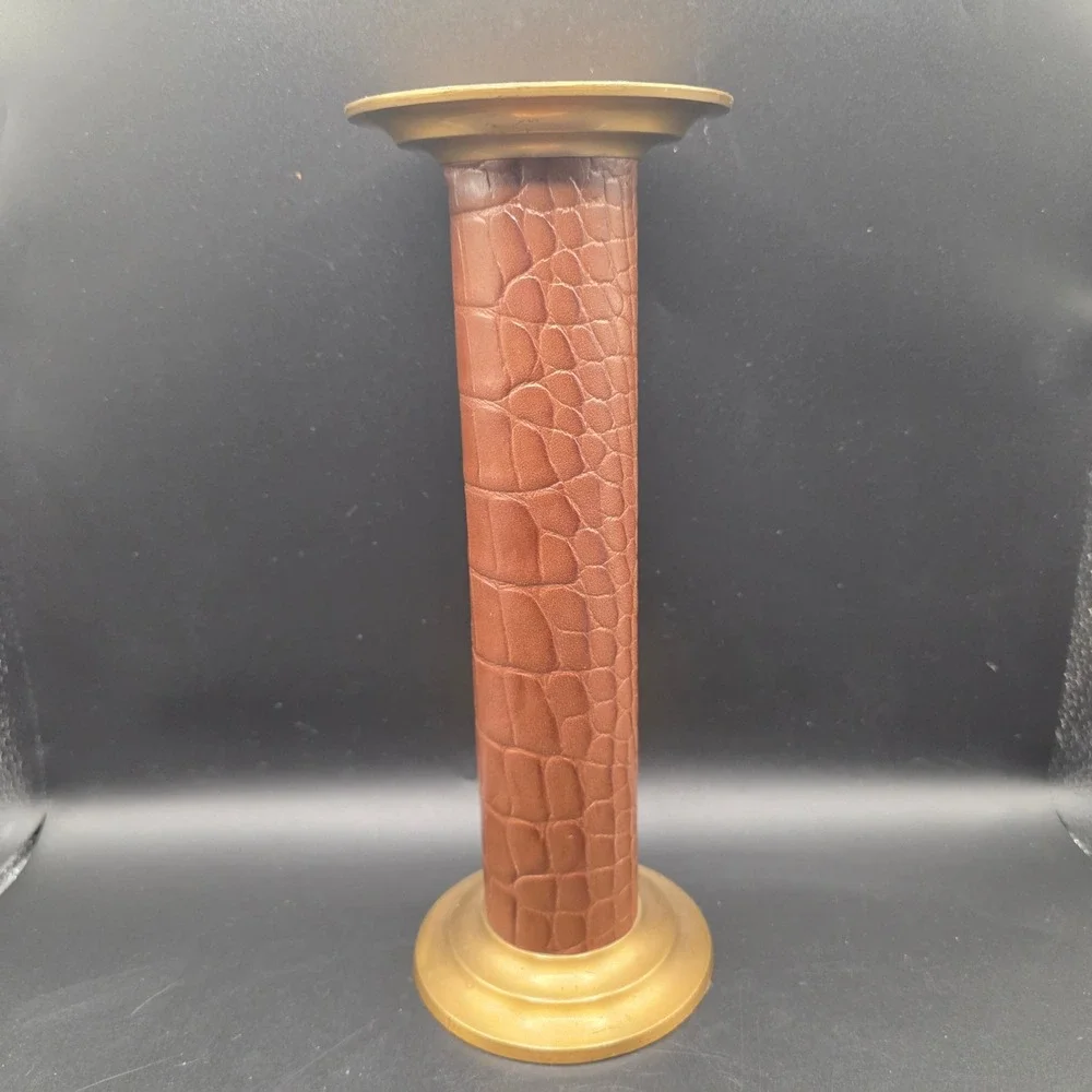Vintage Brass and Brown Crocodile Leather Pillar Candle Holder Multiple Size 11